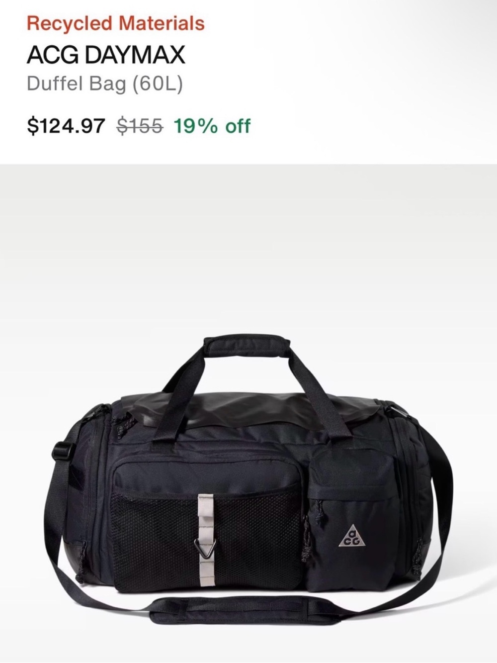 Nike ACG Daymax Black Travel Duffel Bag